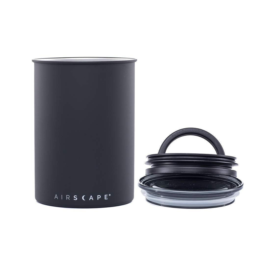Airscape Stainless Steel Coffee Canister | Food Storage Container | Patented Airtight Lid | Push Out Excess Air Preserve Food Freshness (Matte Black, Medium)