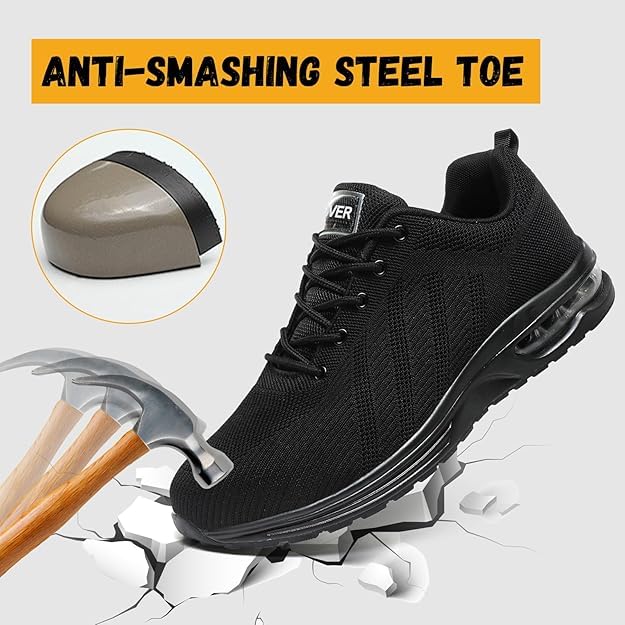Bravover Safety Shoes for Mens Womens Work Steel Toe Shoes Lightweight Industrial & Construction Indestructible Safety Comfortable Shoes Puncture Proof Shoes Black