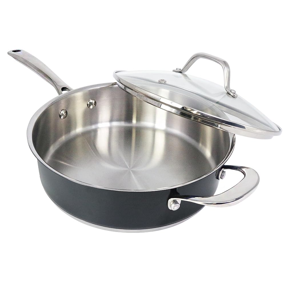 HOMICHEF 9.5 Inch Navy-Gray Nickel Free Stainless Steel Saute Pan with Lid - Premium Matte Polished Stainless Steel Pan with Glass Lid - 2.5 Quart Non Toxic Saute Pans