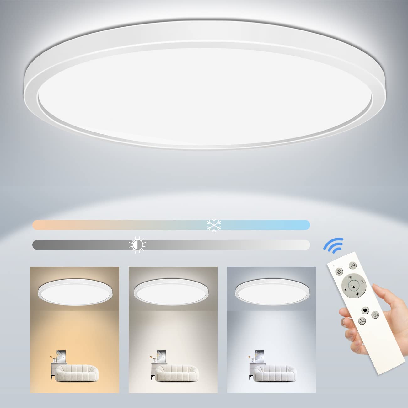 Peasur Flush Mount Ceiling Light Fixture Dimmable, Nightlight 11.6Inch 24W 3200LM LED Ceiling Light with Remote Control, 3000K/4500K/6000K 3 Color Temperatures for Kitchen Bedroom Dining Room-White