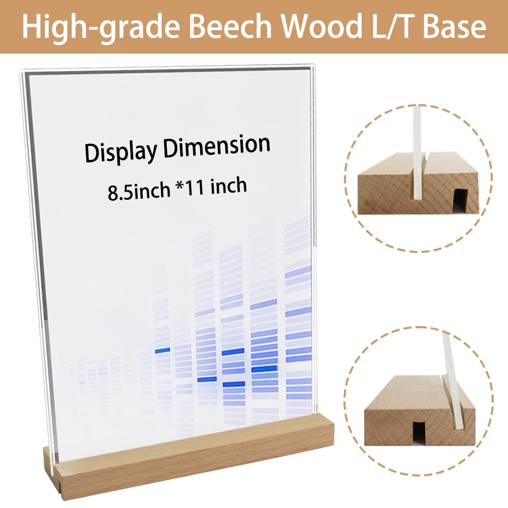 8.5 x 11 Acrylic Sign Holder with Wood Base 5 Pack L/T Shape Vertical or Slant Back Display for Wedding, Restaurant, Office, Hotel