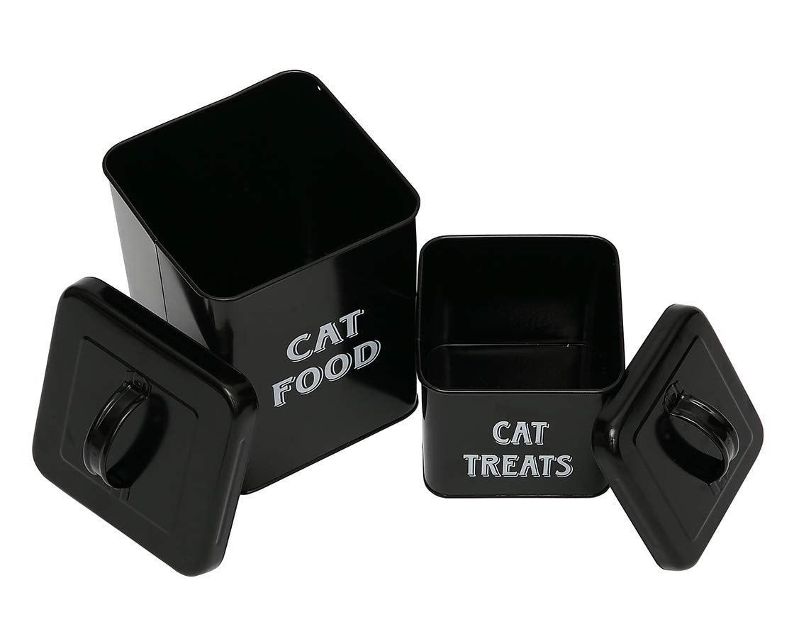 Pethiy cat Food and Treats Containers Set with Scoop for cats-Vintage White Powder-Coated Carbon Steel - Tight Fitting Lids - Storage Canister Tins Small-Black
