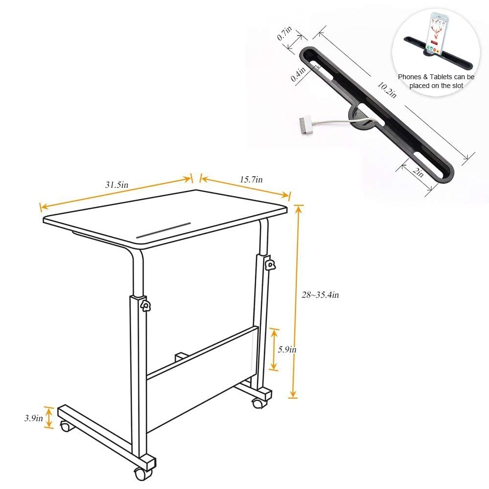 SogesPower 31.5 inches Mobile Laptop Desk Adjustable Height Stand Side Table with Wheels Workstation Laptop Computer Stand Bedside Table Portable Side Table for Bed Sofa,Mobile End Desk,Black