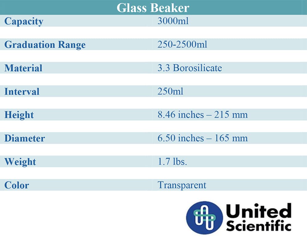 United Scientific BG1000-3000 Borosilicate Glass Low Form Beaker, 3000ml Capacity