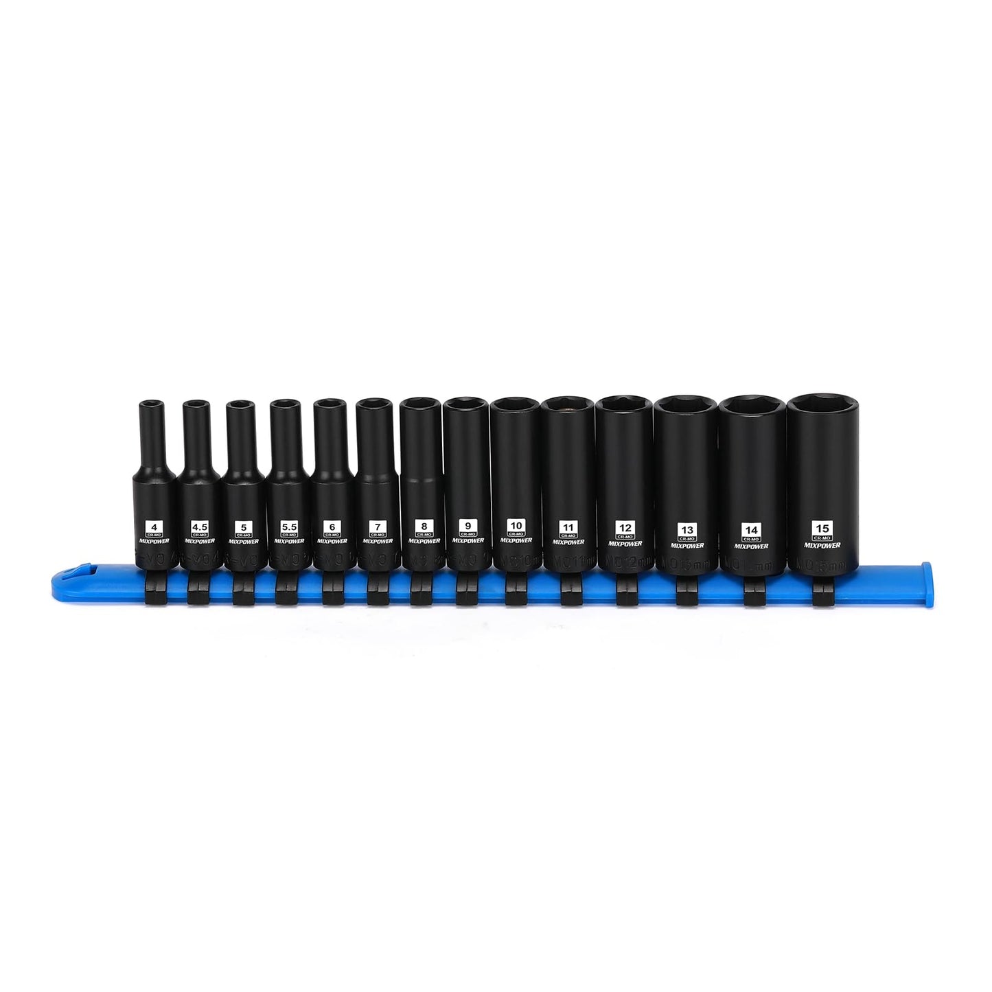 MIXPOWER 1/4" Drive Deep Magnetic Impact Socket Set with Storage Rails, 14-Piece, 6 Point, 4-15mm, Metric, CR-MO