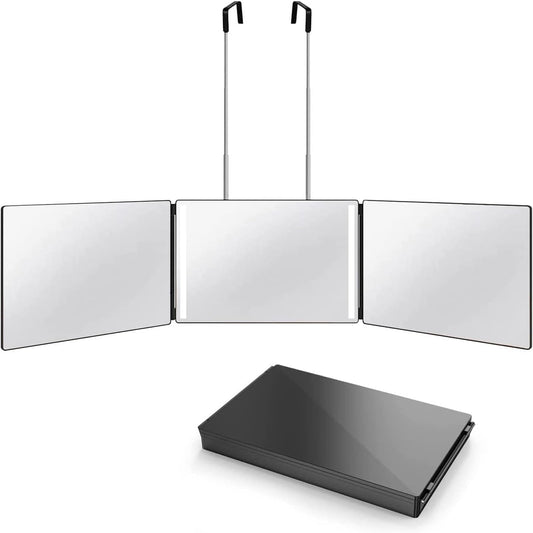 3 Way Mirror with Light for Self Hair Cutting with Hooks, 360° Mirror for Hair Cutting, Tirfold Madeup Mirror with Height Adjustable for Shaving