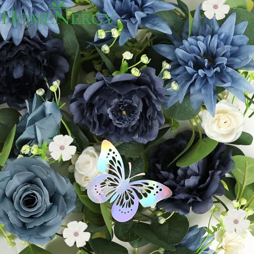 HOMENERGY Eucalyptus Garland with Flowers - 4 Pack 5.9 FT Fake Flower Garland with Butterflies Faux Rose Greenery Garlands for Wedding Table Backdrop Arch Centerpieces Decorations - Navy Blue