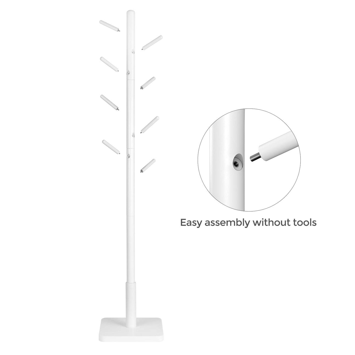 VASAGLE Solid Wood Coat Rack, Free Standing Hall Coat Tree with 8 Hooks, 3 Height Options, for Coats, Hats, Bags, Purses, for Entryway, Hallway, Rubberwood Hooks and Pole, Cloud White URCR010W02