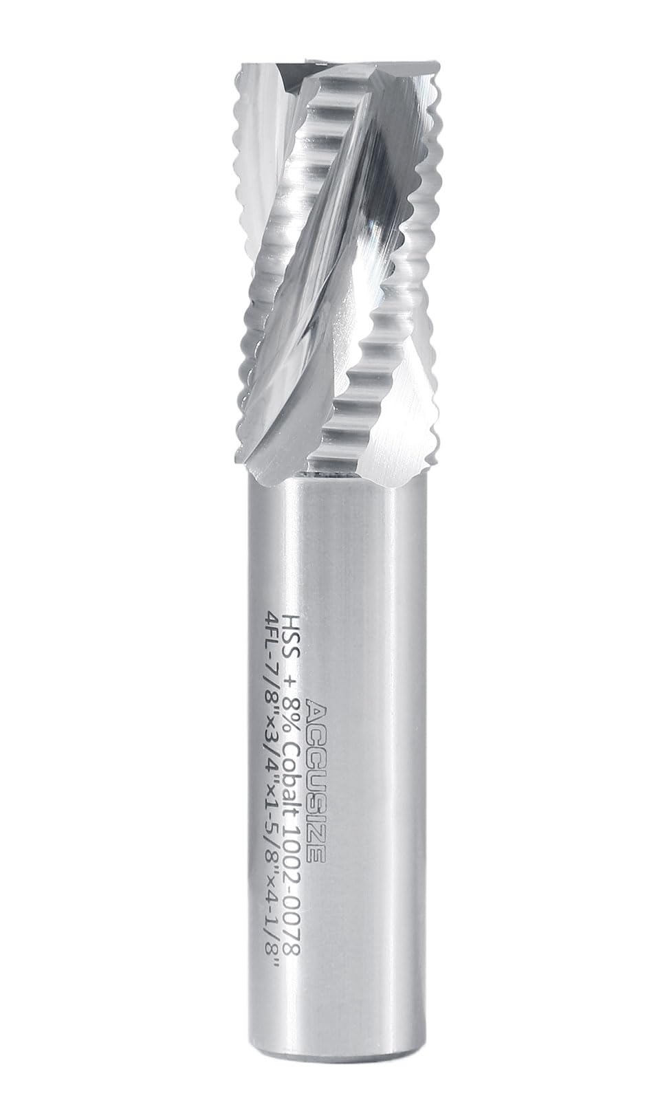 Accusize Industrial Tools 7/8 Inch 4 Flute, 7/8 x 3/4 x 1-5/8 x 4-1/8 Inch M42-8% Cobalt Roughing End Mill, Center Cutting, 1002-0078
