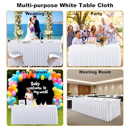 5 Pack White Spandex Fitted TableClothes for 6 Foot Rectangle Tables, Stretchy Long White Table Cloth Rectangle Tablecloth 6ft Fitted Table Cover Skirt for Weddings Birthday Party Banquet Baby Shower