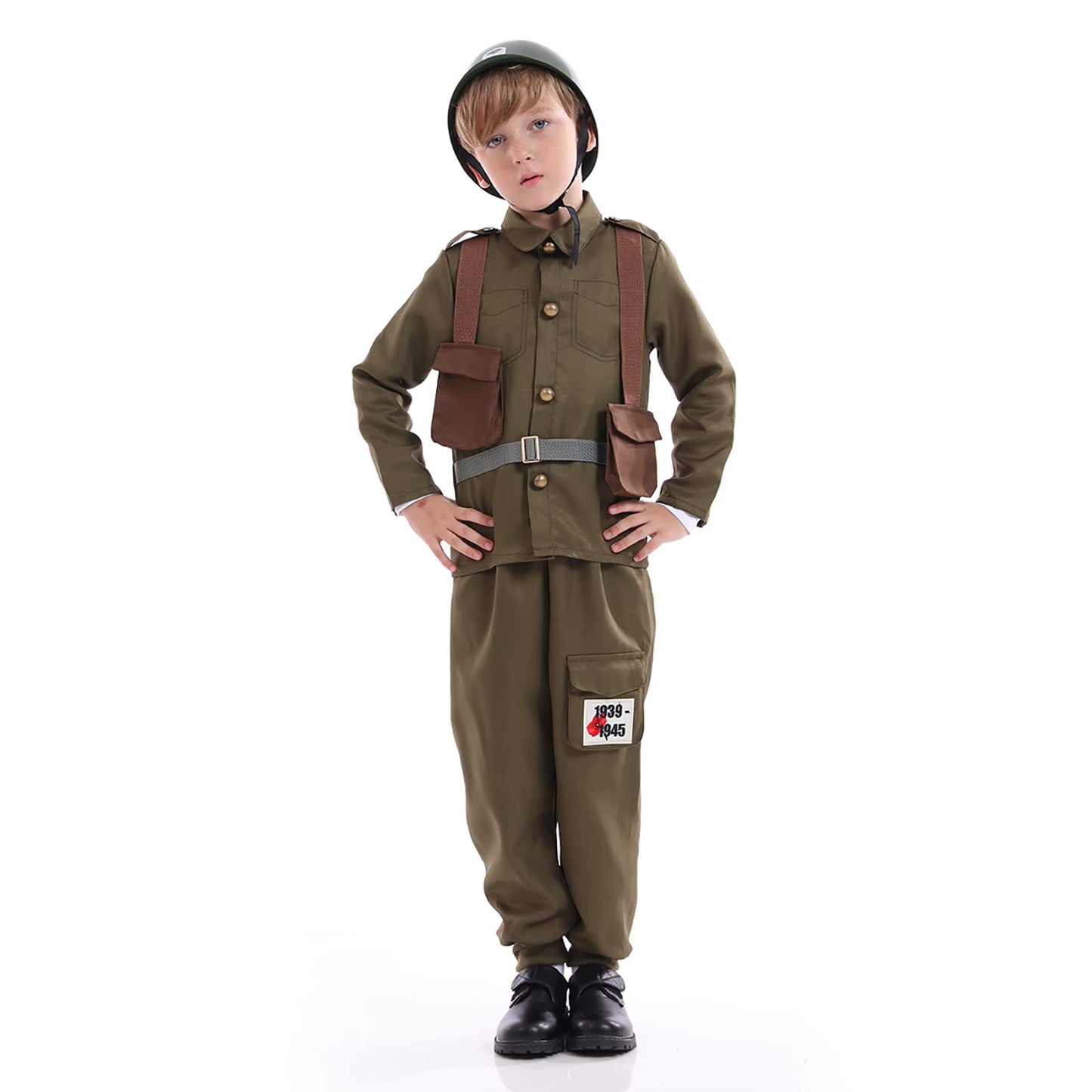 Army Soldier Costume for Kids,Unisex WWII Soldier Dress up with Helmet,Halloween Cosplay Outfit,khaki (M(for height 40"-45"))