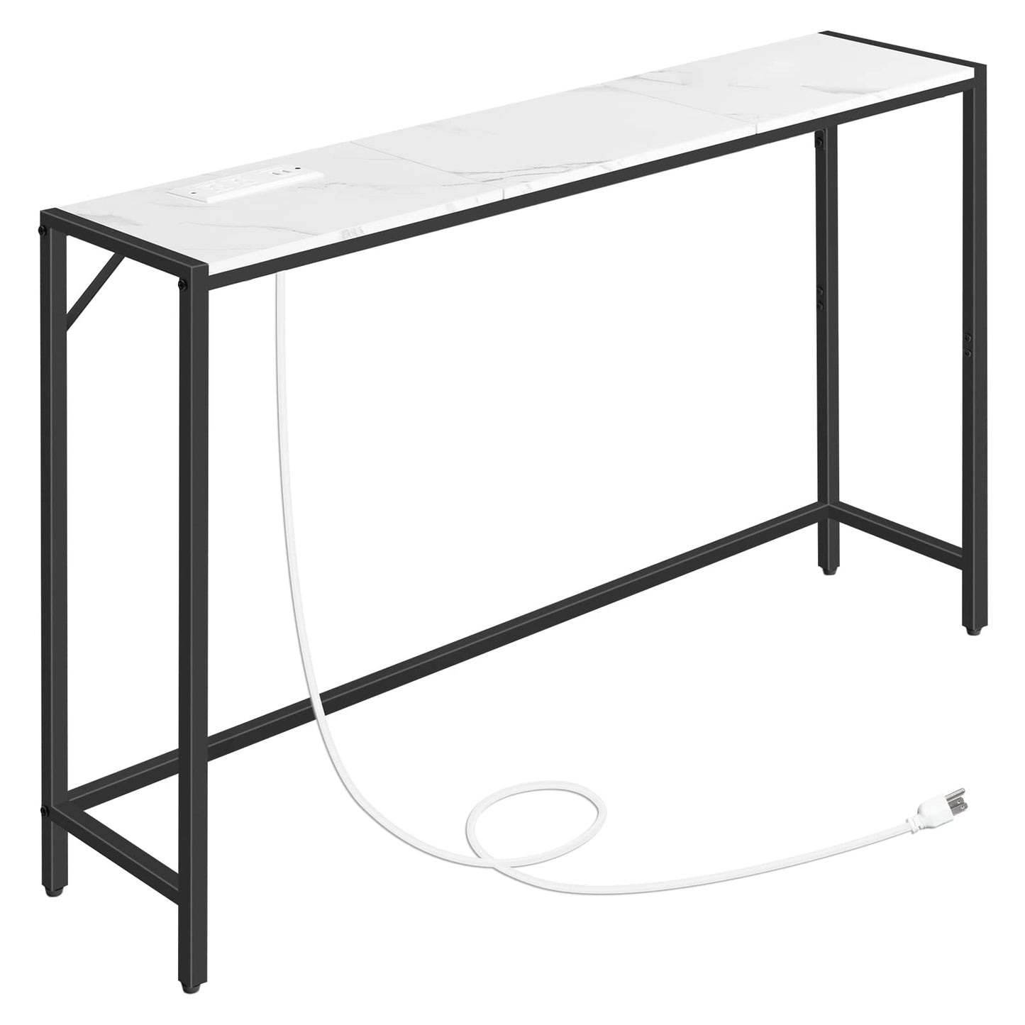 MAHANCRIS 110 cm Console Table, 43.3” Narrow Sofa Table, Entrance Table with Power Station, Behind Couch Table, for Living Room, Hallway, Entryway, Foyer, Marble and Black CTHM112E01