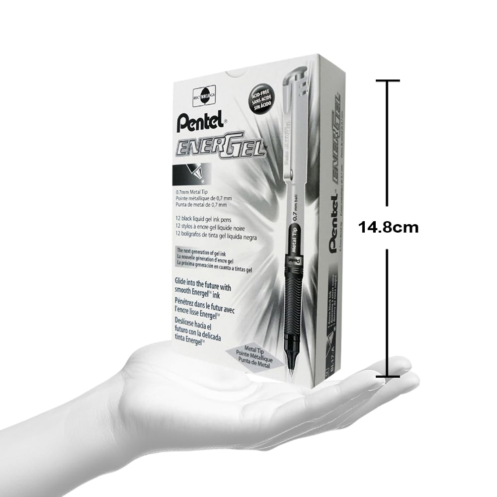 Pentel EnerGel Liquid Gel Rollerball Pen with Cap to Protect Pockets, Everyday Writing, Office Supplies, School Supplies, 0.7mm Medium Point, Black Ink, BL17-A, Box of 12