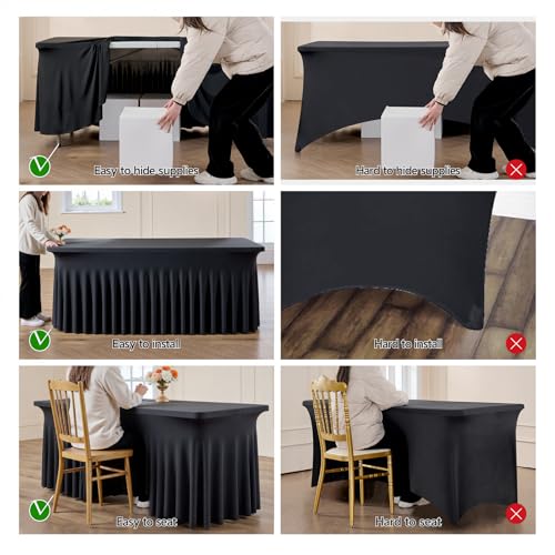 leegleri 4 Pack Black Spandex Fitted Table Clothes for 5 Foot Rectangle Tables, Wrinkle Free 5ft Spandex Table Cover with Skirt-for Banquet Weddings Parties