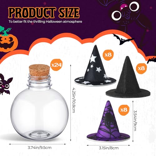 Coume 24 Pcs 6.8oz/ 200ml Spherical Plastic Potion Bottles with Hat Ball Shape Round Bottles for Drink Candy Jar Halloween Party Table Decoration DIY Crafts Gifts Favor