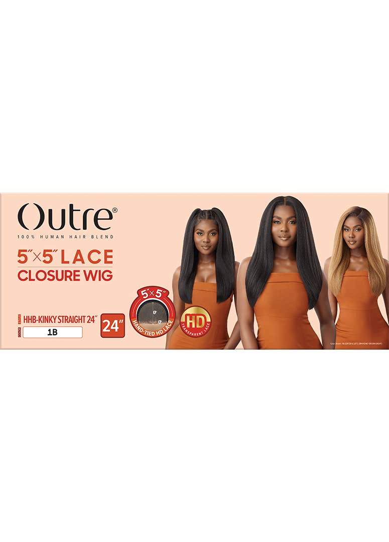 Outre Human Hair Blend 5x5 Lace Closure Wig - HHB-Kinky Straight 24" (Color:1B OFF BLACK)