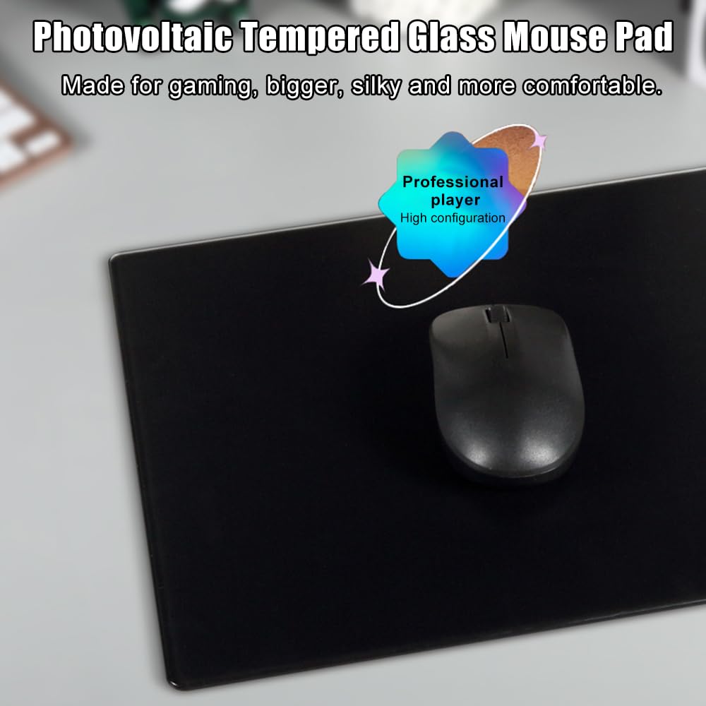 Docooler Photovoltaic Tempered Glass Gaming Mouse Pad, Non-Slip Base, Ultra-Smooth Surface for Precision Control, Water Resistant, 2 Sizes (M/L) for PC, Office & Esports (All Black)