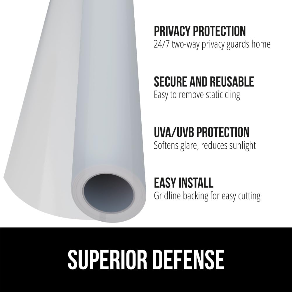 Gorilla Guard Two Way Sun Blocking Window Privacy Film, 23.6" x 78.7”, Strong Static Clings to Glass Windows, Peel and Stick, Removable Stickers, Decorative Bathroom Door Coverings, Frosted