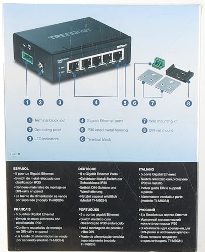 TRENDnet 5-Port Hardened Industrial Gigabit DIN-Rail Switch, 10 Gbps Switching Capacity, IP30 Rated Network Switch (-40 to 167 ºF), DIN-Rail & Wall Mounts Included, Lifetime Protection, Black, TI-G50