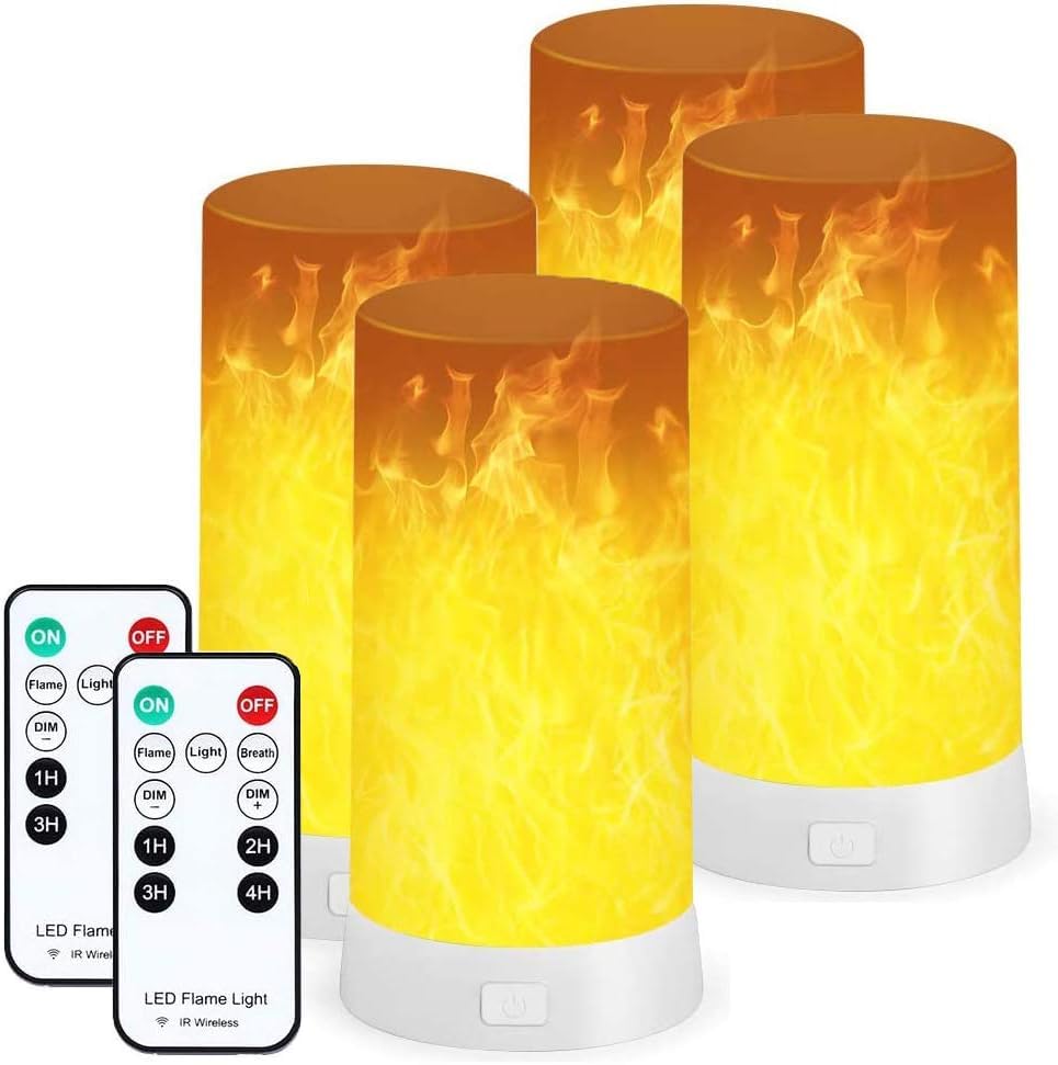 LED Flame Lights with Remote & Timer,Battery Operated Flameless Candles,Realistic Flickering Fake Fire Lamps, Outdoor Flame Lights with Gravity Sensing for Halloween/Fireplace/Party/Garden/Bar (4)