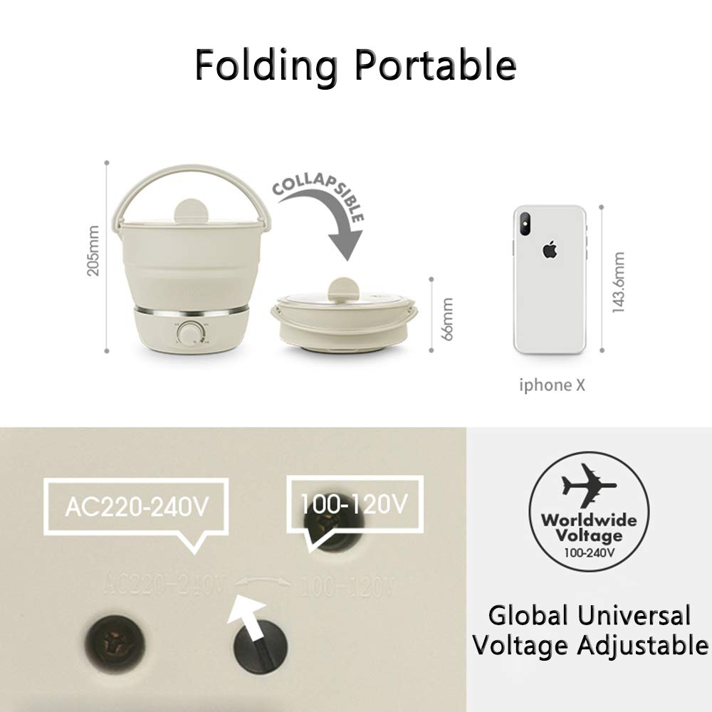 Drizzle Foldable Electric Hot Pot Cooker Dual Voltage100V-240V Mini Kettle Food Grade Silicone Cookerware Boiling Water Steamer Portable Travel (White)