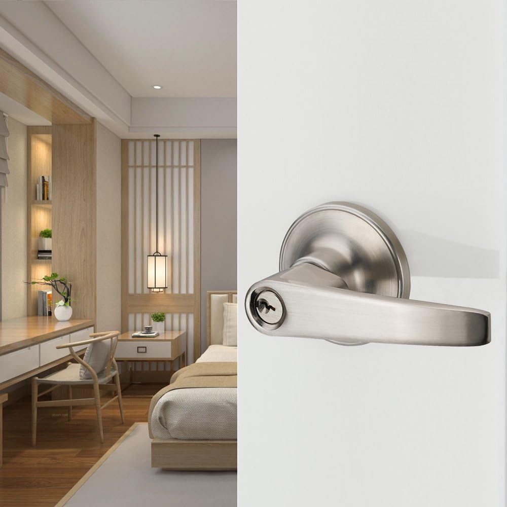 2 Pack of MANREN Lever Keyed Entry Door Lever Handle Lock, Universal Door Knob Hardware,Nickel Brushed Color (MR802et-2)