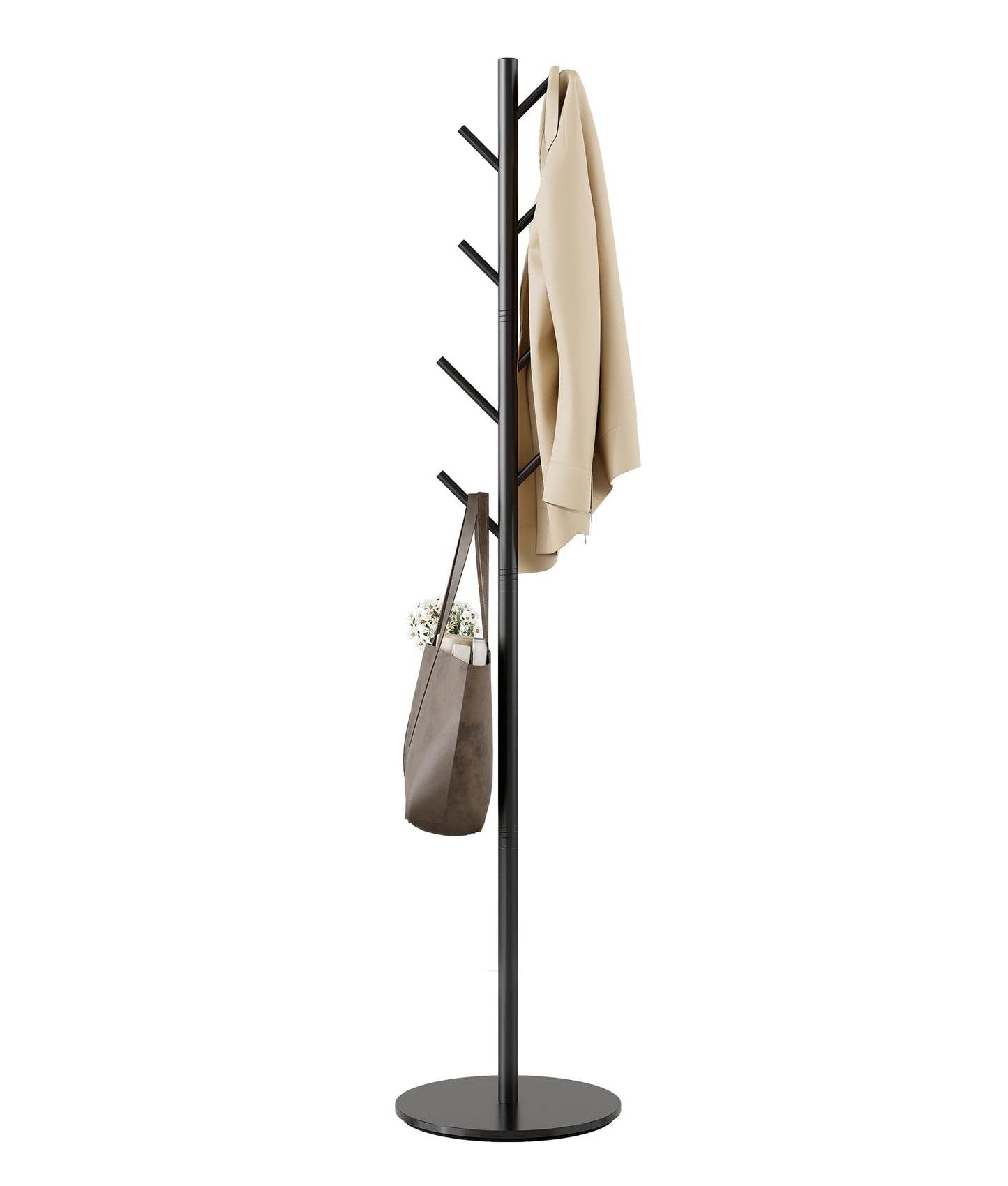 Coat Rack with 8 Hooks, Adjustable to 3 Heights, Modern Hall Tree, Sturdy Metal Coat Stand with Sintered Stone Base, for Entryway, Office or Bedroom, Ideal for Coats, Hats and Bags, Black