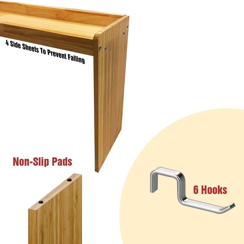 SEAHIXUSS - Bamboo Wood Over The Stove Shelf for Kitchen Storage, 31.5 Inch Spice Organizer Rack, Stove Top Shelf with 6 Hooks, Countertop