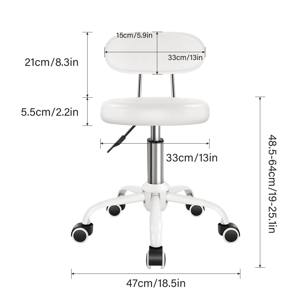 WKWKER Rolling Stool with Wheels Swivel Stool with Back Height Adjustable Chair Ideal for SPA Salon Home Office Drafting Work (White)