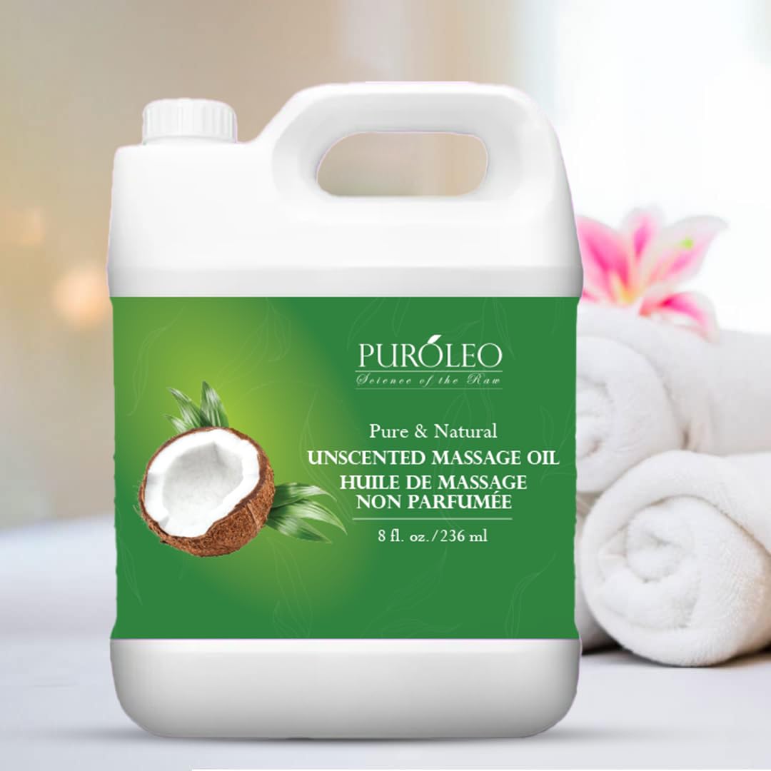 PUROLEO All-Natural Massage Oil – Unscented, 32 Fl Oz/946 mL – With Coconut, Almond & Jojoba Oils – For Hair, Body & Face – Nourishing, Relaxing & Ideal for Massage Therapy – Made in Canada