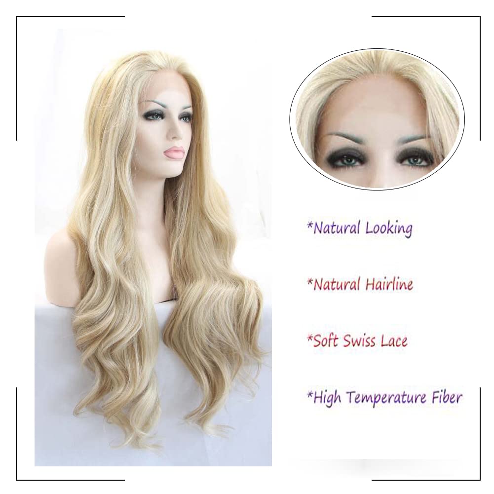 Angle Lucky Blonde Wavy Wig for Women Highlight Blonde Synthetic Lace Front Wig Long Wavy Piano Color Glueless Wig Heat Resistant Fiber Hair Replacement Wig for Drag Queen Makeup (24, Highlight Blonde)