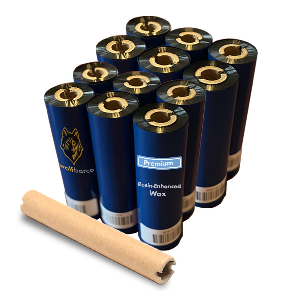 Wolfbarco 12 Rolls 4.33" x 243' (110mm x 74m) Premium Resin-Enhanced Wax Thermal Transfer Ribbon Black 1/2" Core CSO for Zebra GC420t, GK420t, GX420t, ZD421t, ZD621t, TLP2824 Desktop Barcode Printers
