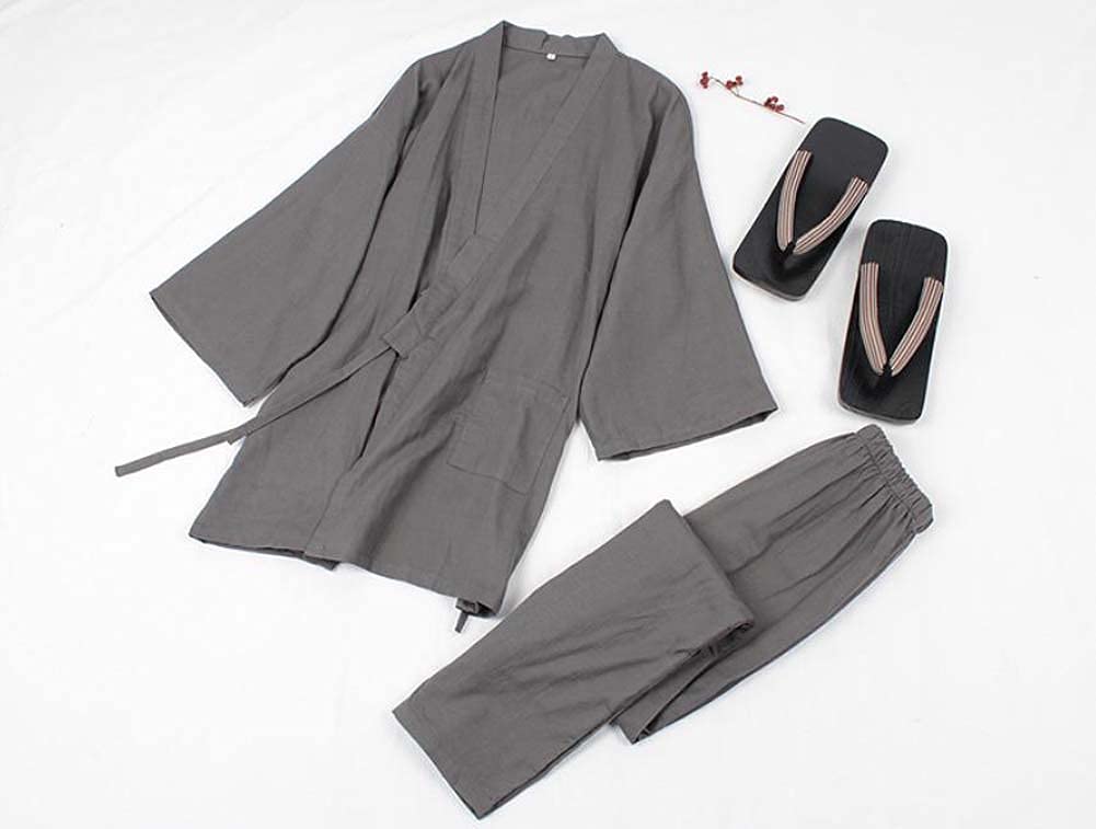 Fendawn Strive Classical Stylish Japanese Style Men Cotton Bathrobe Pajamas Kimono Casual Clothes, Grey