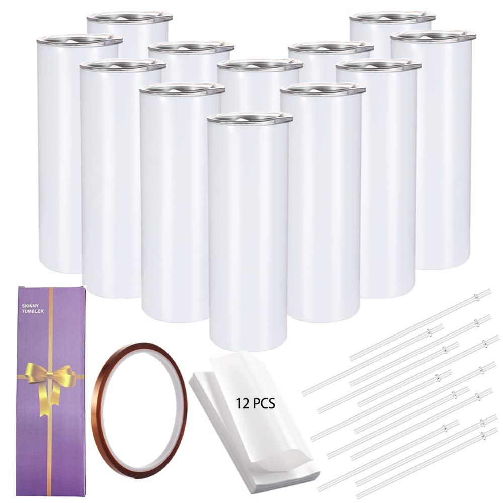 12 Pack Straight Skinny Sublimation Tumblers 20oz for Heat Transfer, Bulk Sublimation Blanks Individually Boxed, Double Wall Insulated Tumbler with Shrink Films & Heat Tape, White (12)