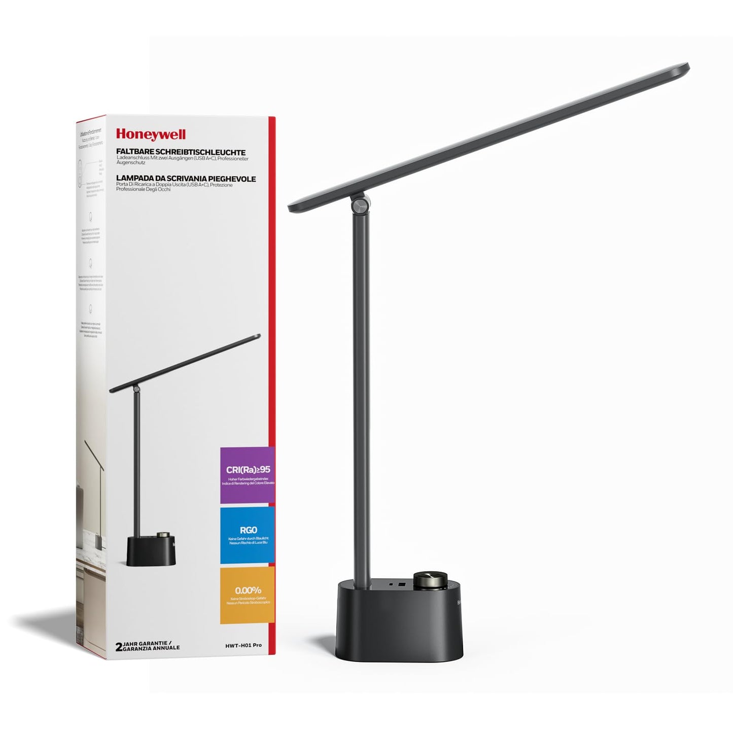 Honeywell Upgraded LED Desk Lamp - H01Pro Sunturalux™ Eye-Caring Table Lamp for Home Office College Dorm, Stepless Dimmable Small Desk Light Foldable Reading Desk Lamp for Studying Working（Black