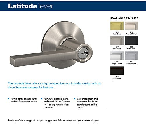 Schlage F51A LAT 619 COL Latitude Lever with Collins Trim Keyed Entry Lock, Satin Nickel