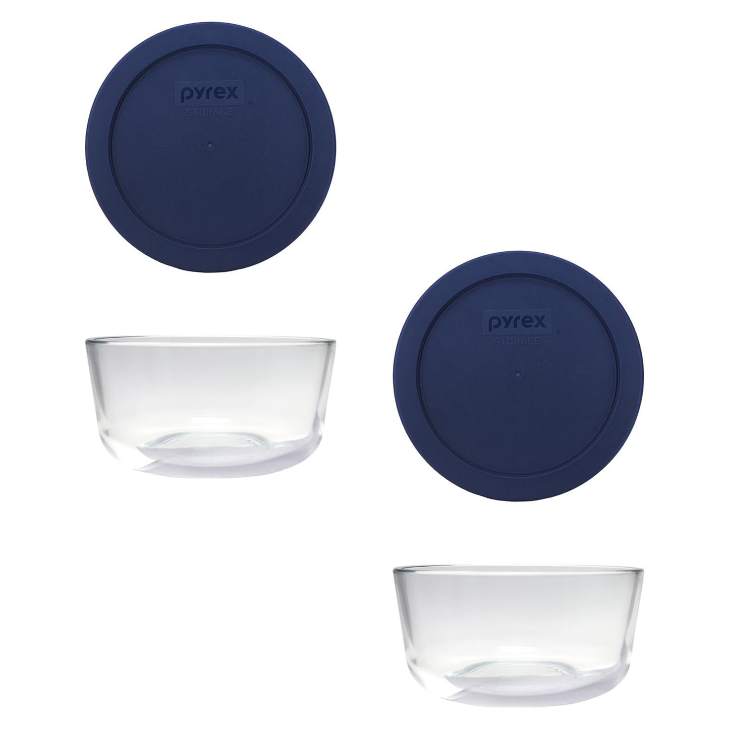 Pyrex Storage 4-Cup Round Dish with Dark Blue Plastic Cover, Clear (Pack of 2 Containers)
