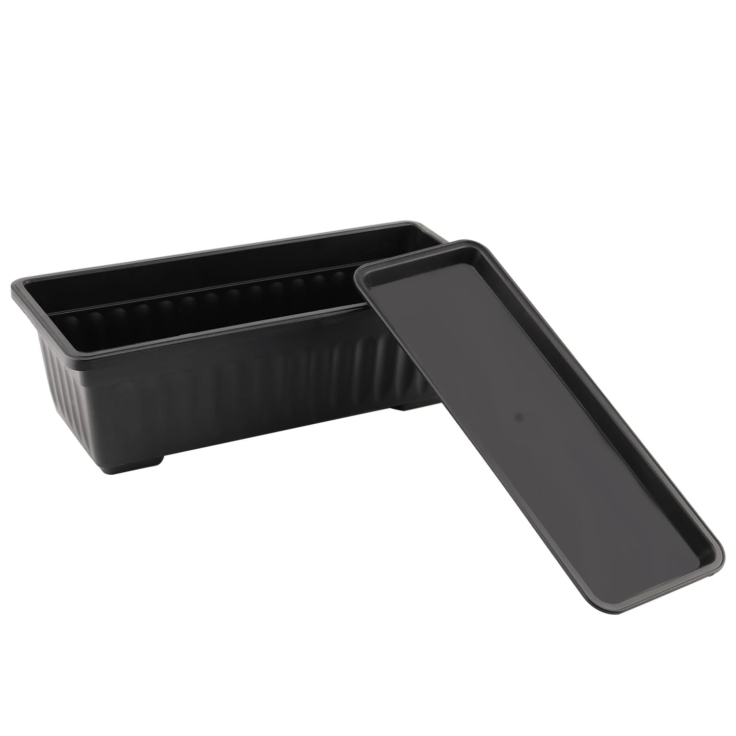 MOUYAT 6 Pcs Black Flower Window Box Planters, 17 x 7.5 x 5.5 Inch Plastic Vegetable Rectangular Flower Plant Pot with Trays and 30 Plant Labels for Garden, Windowsill, Patio, Balcony