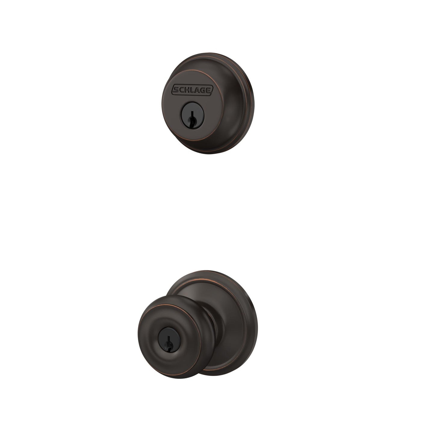 Schlage FB50N V GEO 716 B60 Single Cylinder Deadbolt and F51 Keyed Entry Georgian Knob Keyed Alike, Aged Bronze Finish