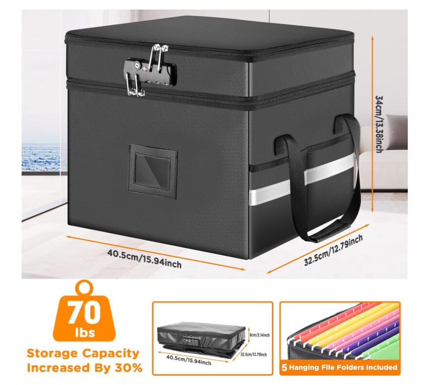 1.6 cu ft Fireproof Filing Cabinet(2012℉) with Double Lock, 2 Layer Portable File Organizer Box with 5 Pockets File Folder & Handle, Collapsible Document Organizer for Hanging Letter/Legal Folder