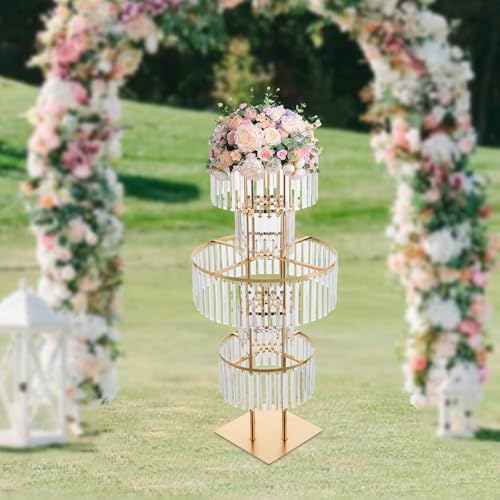 43.3" Tall Gold Flower Stand for Wedding Centerpieces – 5-Tier Clear Acrylic & Metal Centerpiece Stand with Crystal Style Design, 11.8" Base, Perfect for Wedding Tables, Floor Décor & Reception Events