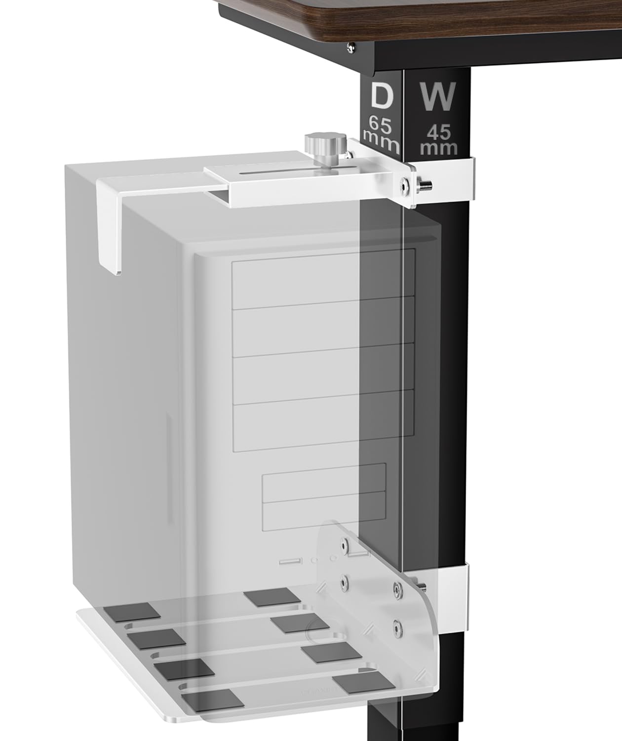 Under Desk PC Mount - No Drilling 40 lb Capacity, Computer Holder Under Table, Adjustable Height and Width, Clamp-on Leg PC Mount for Standing Desks (Fits 65mm×45mm Legs), with Non-Slip Pads, White