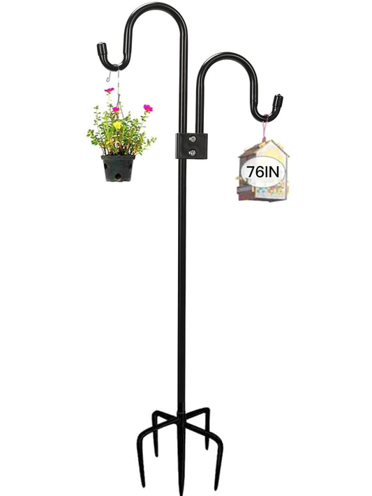 76 inch Double Shepherds Hook with 5 Prongs, Heavy-Duty Metal Bird Feeder Pole Stand, 28.5 to 76 inch Adjustable Garden Holder for Hanging Plant, Wind Chimes, Wedding Garden Outdoor Deco ect