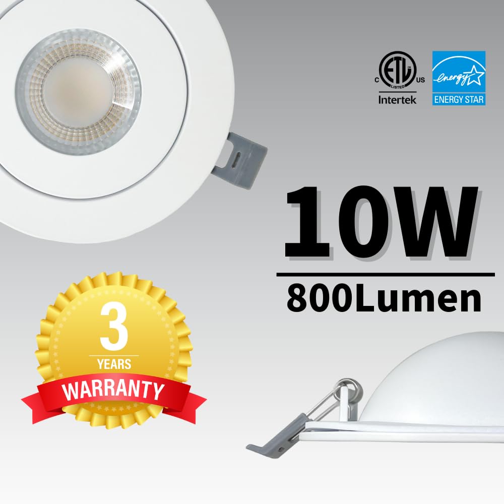 RENO SUPPLIES 4 Inch Gimbal LED Pot Lights, 5CCT Adjustable (2700K/3000K/3500K/4000K/5000K), 10W 800LM Dimmable, IC Rated Recessed Ceiling Downlight, ETL Listed, 6 Pack