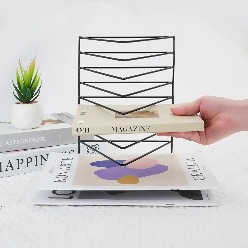 4Pcs Triangle File Holder, FHDUSRYO 9 Slot Black Magazine Holder, Metal Vinyl Record Storage Stand, Desktop File Organizer Magazine Rack, Bookshelf Organizer for Office Home, Letter Book(Black)