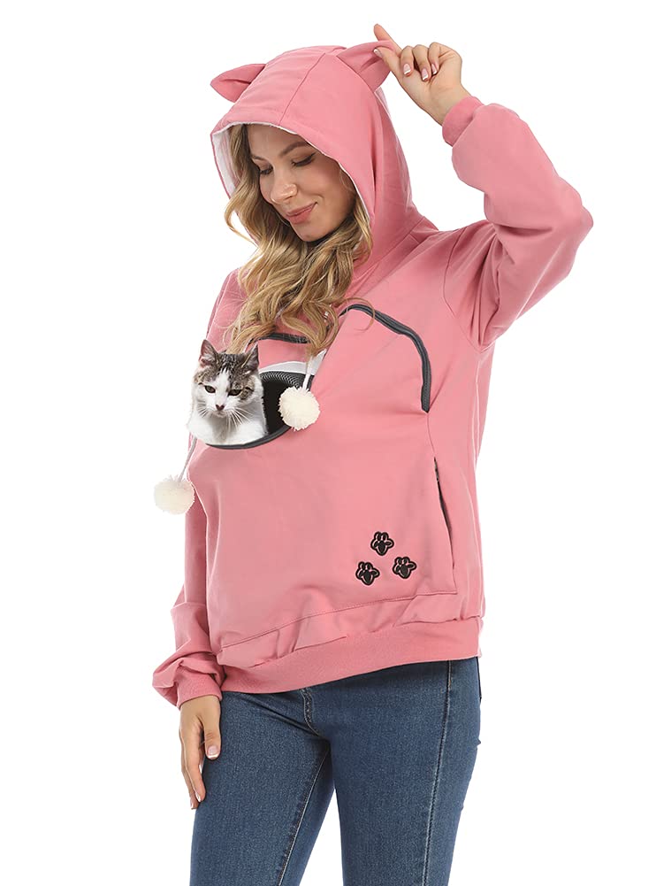 ZIIFULLHOU Women Pet Carrier Sweatshirt Puppy Kitten Holding Hoodies Long Sleeve Pouch Tops, Red, XX-Large-3X-Large