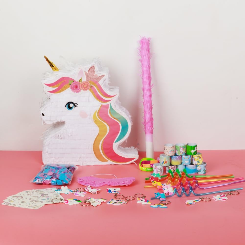 Unicorn Pinata Party Supplies Favors for Girl Birthday Party Unicorn Theme Party Supplies with Unicorn Pinata Headbands Straws Slap Bracelets Keychains Silicone Bands and Stickers (White)