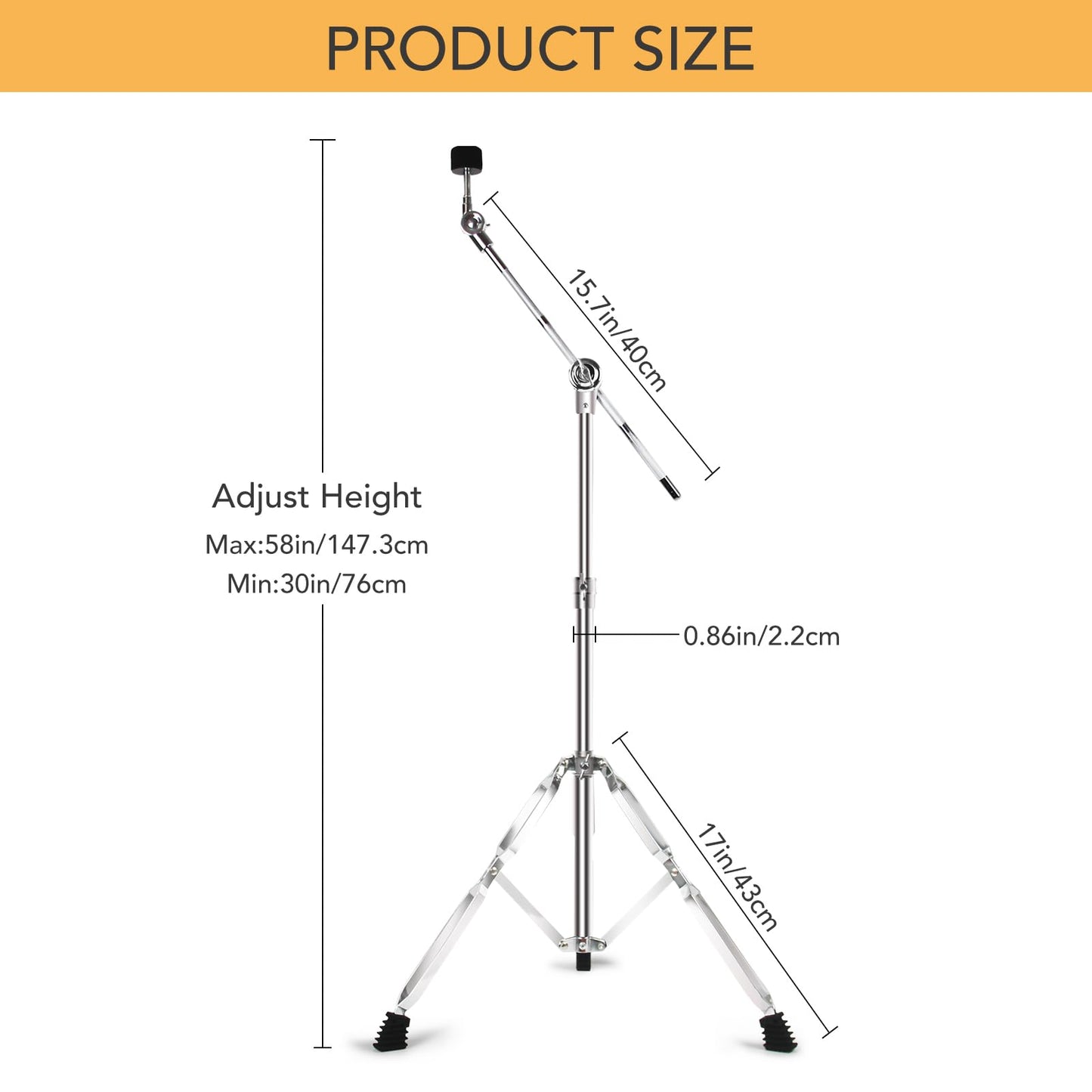 Boom Cymbal Stand, Adjustable Cymbal Stand for Drum Hardware Percussion Mount Holder Gear Set Drum Hardware Set for Mounting Crash, Ride, Splash Cymbals, Double Braced Legs with Rubber Feet