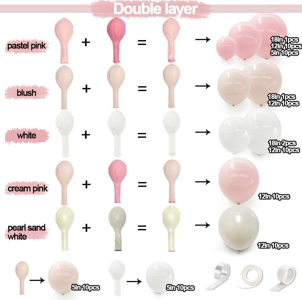 Pink White Balloon Garland Double Stuffed Peach Balloons Cream Beige Pastel Pink Balloon Arch Kit Pearl Sand White Balloons for Baby Shower Birthday Wedding Anniversary Party Decoration