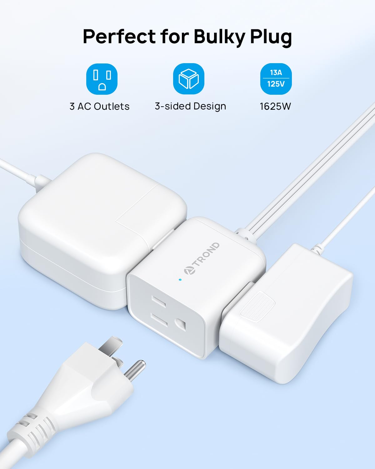 TROND 15ft Long Extension Cord Indoor, 360° Rotating Flat Plug Power Bar, 3 Way Outlets Extender, 13 Amps, 1625W, Small Flexible SPT 16/3 Cable Splitter for Hotel Cruise Ship Travel Essentials